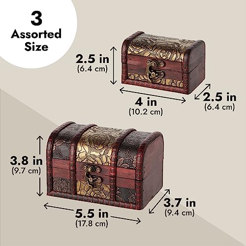 Juvale Wooden Treasure Chest Set - 3 Nesting Boxes, Brown Floral - Decorative Storage & Jewelry Box with Hinged Lid, Vintage Antique Decor - Image 4
