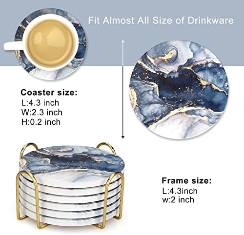 Coasters Set of 6, Navy Blue Marble Abstract Ceramic Coasters with Holder - Image 5