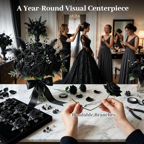 JOHOUSE 30PCS Black Faux Roses, Gothic Artificial Flowers Decor - Image 5