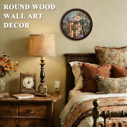 CFFJLHN Vintage Floral Book Wall Art Decor, Book Lovers Gifts, Light Academia Flower Bookish Round Hanging Wall Decor for Reading Corner Nook Room Home Library Bedroom, 10x10 Inch - Image 2