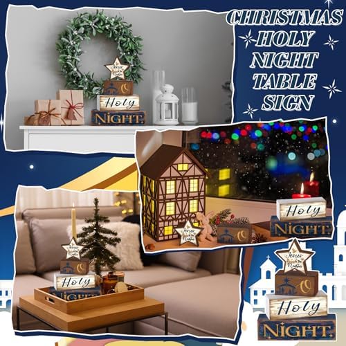 Moucuny 4 Pcs Christmas Wooden Signs Centerpieces, Holy Night Farmhouse - Image 6