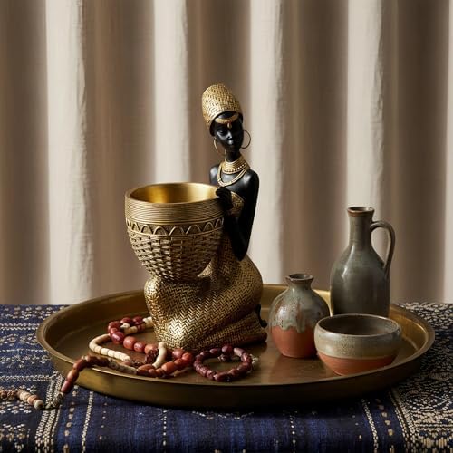 Lescafita African Tribal Woman Seated Statue with Basket - Image 6