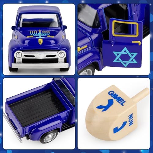 Hanukkah Tiered Tray Decor Vintage Mini Metal Truck with Wood Dreidel Blue Festive Jewish for Farmhouse Shelf Coffee Table Home Kitchen Table Decorations - Image 6