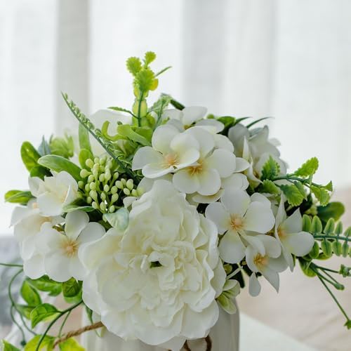 TKAS Fake Flowers Arrangement in Ceramic Vase, Artificial Faux Silk Roses & Hydrangea, Small Realistic Dried-Style Floral Dining Table Centerpiece for Wedding Party Home Decoration (White) - Image 2