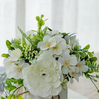 TKAS Fake Flowers Arrangement in Ceramic Vase, Artificial Faux Silk Roses & Hydrangea, Small Realistic Dried-Style Floral Dining Table Centerpiece for Wedding Party Home Decoration (White) - Image 2