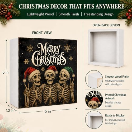 Christmas Decorations Gothic Funny Skeleton Santa Wooden Box Sign - Image 4