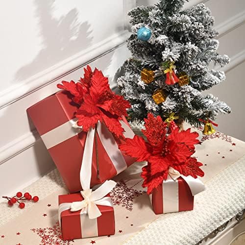10 PCS Glitter Poinsettias, 9.4" Artificial Christmas Flowers, Red - Image 2