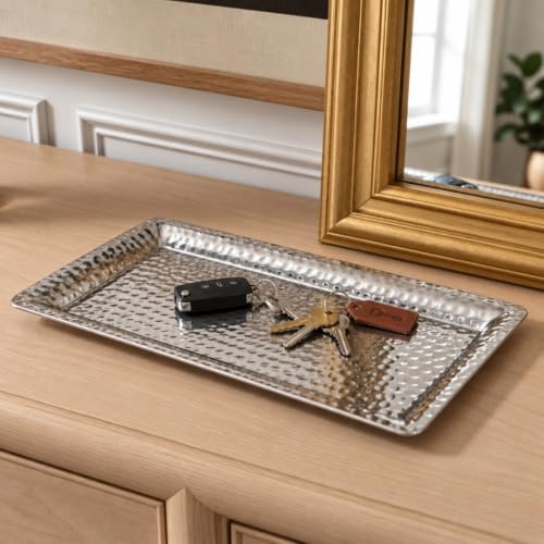 Monarch Abode Decorative Tray – 16-Inch Hand Hammered Nickel Finish Metal Bathroom Tray Countertop, Vanity Trays Organizer, Perfume Plate for Dresser, Kitchen Countertop Large Fruit Platter - Image 3
