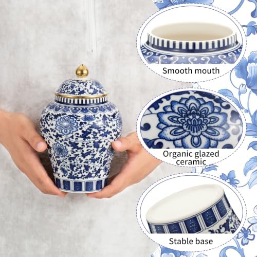 Small Blue and White Ginger Jar with Gilt Edges, Ceramic Ginger Jar with Lid, Exquisite Floral Patterns Chinoiserie Tea Storage Jar for Living Room, Kitchen & Coffee Corner - Image 2
