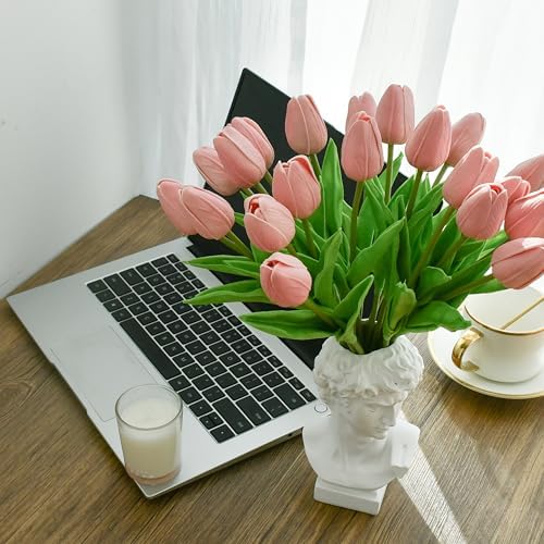 ONLY ART Artificial Dusty Pink Tulips 20 Pcs – 13.5 Inch PU Faux Flowers with Bendable Stems for Home Décor, Wedding Centerpieces, DIY Floral Arrangements, New Year and Valentine's Day - Image 5