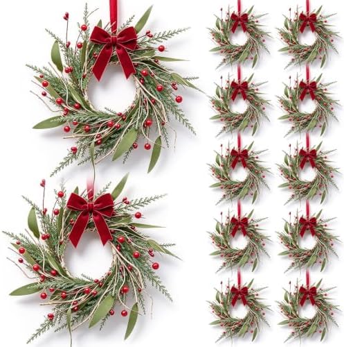 10 PCS Mini Christmas Wreaths for Cabinets 9" Christmas Kitchen Cabinet with Pine Needles Pinecones Red Berries Bells and Bow Christmas Wreath for Front Door Window Wall Xmas Holiday Home Decor by Unknown