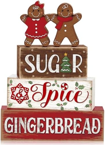 Marsui 4 Pcs Christmas Gingerbread Table Decorations Wooden Sign Blocks by Marsui
