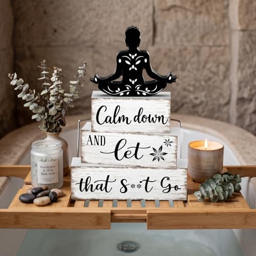 Marsui 4 Pcs Funny Bathroom Shelf Decor Calm Down and Let That Go Wood Sign - Image 5