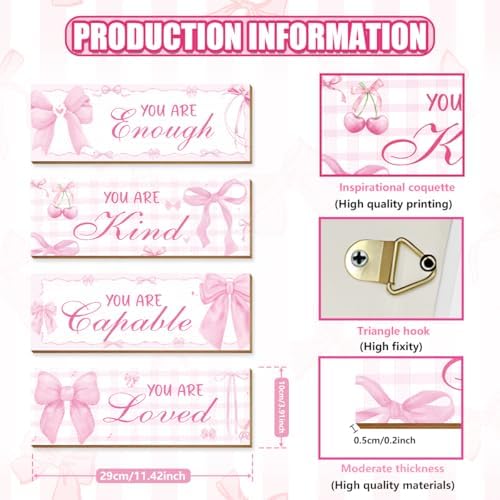 4 Pcs Pink Bow Wall Decor, Pink Room Decor for Teen Girls, Inspirational Positive Affirmations Wooden Wall Art Decor, Coquete Wall Hanging Signs for Bathroom Apartment - Image 2