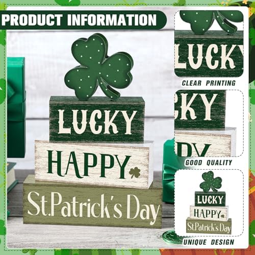 Marsui 4 Pcs St. Patrick's Day Decorations Shamrock Wooden Signs Green Irish Tabletop Centerpieces rustic Distressed Shamrock Blocks St Patricks Day Decor for Home Table Kitchen Shelf Tiered Tray - Image 4