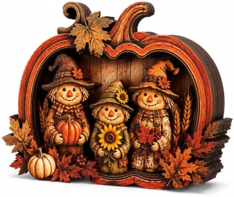 Vintage Wooden Scarecrow Pumpkin Fall Decor, 3D Fall Decorations for Home, Rustic Autumn Harvest Decor with Maple Leaves & Sunflowers, Thanksgiving Tabletop Decor for Shelf, Mantel, Farmhouse by VQRZG