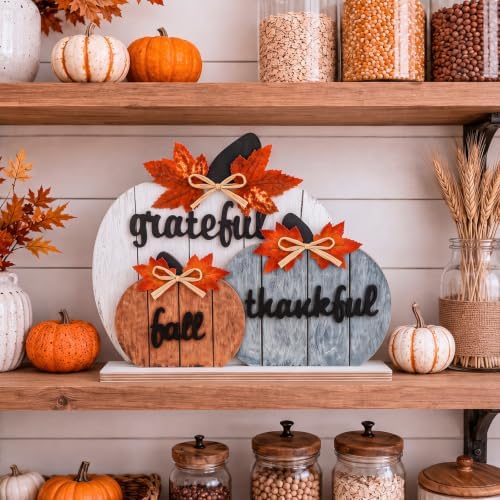OLANRUN Fall Decor, Thanksgiving Fall Decorations for Home, 3Pcs Wooden Autumn Pumpkin Decor Sign, Farmhouse Thanksgiving Table Decorations Indoor for Office Living Room Bedroom Mantel Kitchen - Image 5
