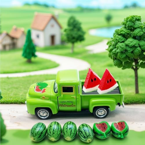 Watermelon Decor, 5.7-Inch Vintage Green Metal Pickup Truck with Resin Watermelons, Summer Tiered Tray Decor for Farmhouse Kitchen Table Shelf Mantel Party Centerpiece - Image 6