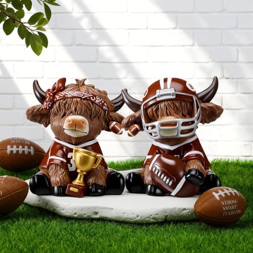 Wesiti 2 Pcs Highland Cow Figurines Football Resin Set Helmet Trophy - Image 2