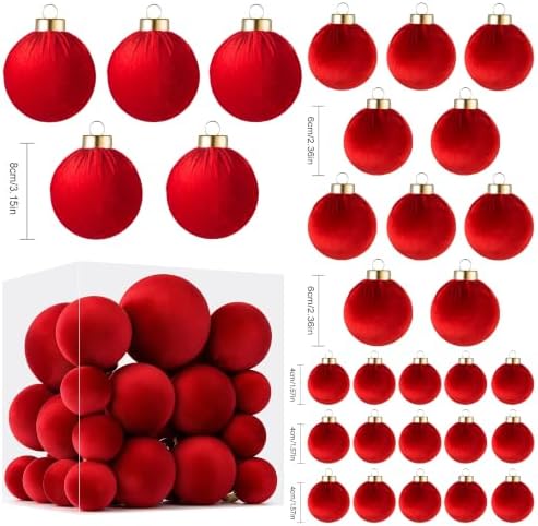 Velvet Christmas Ball Ornaments - 30pcs Flocked Christmas Ornaments Set Shatterproof Classic Hanging Xmas Tree Decorations with Rope for Wreath Holiday Home Decor (Red) - Image 2