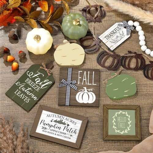 Reallnaive 18 Pcs Fall Tiered Tray Decor, Sage Green Pumpkin Signs - Image 5