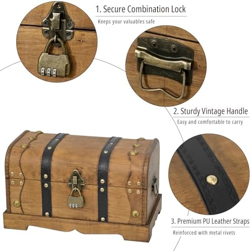 Vintage Wooden Treasure Chest Decorative Box with Lock - 12", Brown - Image 3