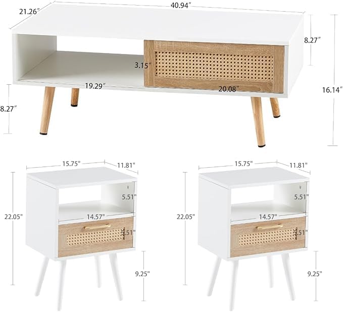 Rattan Center Table and Nightstand Set, 3-Piece Wood Living Room Table Set - Image 3