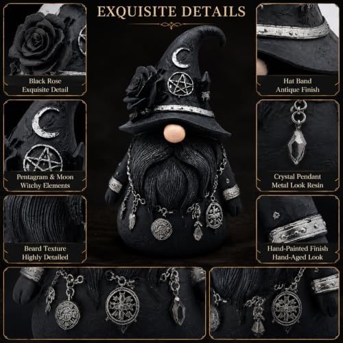 Gothic Witch Gnome Figurine Decor, Resin Witch Statue with Black Rose, Moon & Crystal Accents, Witch Decor for Shelf, Desk & Bookshelf, Dark Academia Home Decor - Image 5