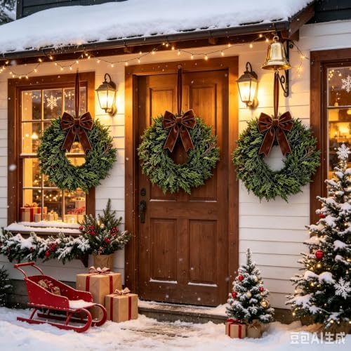 6 Pcs Small Christmas Hanging Wreaths with Artificial Cedar Cypress Pine Greenery Dark Brown Velvet Ribbon Mini Front Door Wreath for Porch Window Cabinet Wall Farmhouse Rustic Christmas Holiday Decor - Image 2