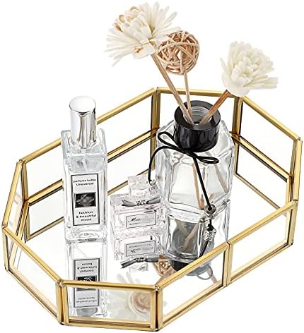 Hipiwe Mirror Glass Vanity Tray - Gold Ornate Makeup Organizer Perfume Tray - Image 3
