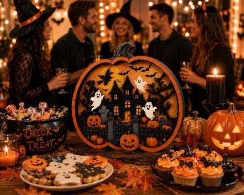 Vintage Halloween Decor 2026, 3D Wooden Pumpkin Decor, Spooky Halloween Tabletop Decoration, Rustic Shelf Mantel Ornament for Home (Pumpkin Sign) - Image 6