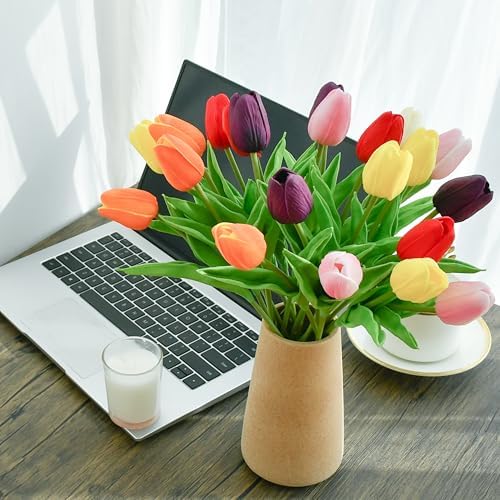 ONLY ART Artificial Multicolor Tulips 20 Pcs – 13.5 Inch PU Faux Flowers with Bendable Stems for Home Décor, Wedding Centerpieces, DIY Floral Arrangements, New Year and Valentine's Day - Image 5