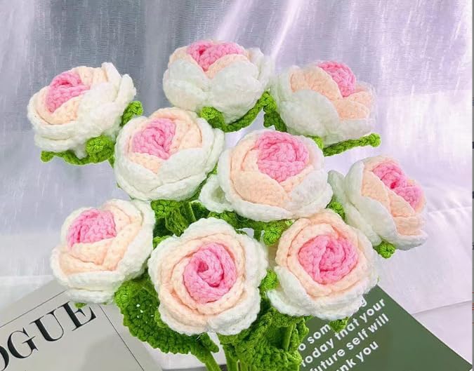 JOONOR 6 Pcs Hand-Woven Roses, Crochet Rose Flower Bouquet, Gradient Pink - Image 4