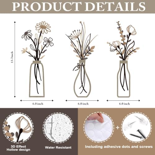 Pigort 3 Pieces Metal Flowers Wall Arts - Rustic Farmhouse Style Décor Metal Wall Art Black Minimalist Flower Natural Themed Wall Decors for Home Bedroom Dining Room Housewarming (Brown) - Image 2