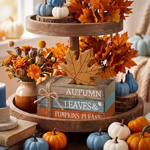 4 Pcs Fall Decorations for Home, Maple Leaf Book Stack Block Sign - Image 4