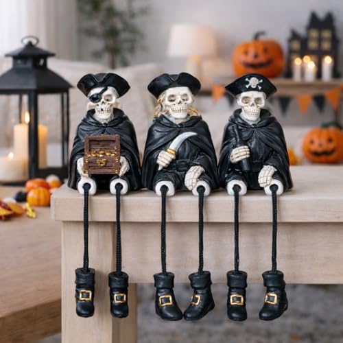 Dlfghos Halloween Skeleton Decor Set of 3 Pirate Skeleton Figurines Halloween Indoor Decorations Statue Skull Figurine Home Decor for Coffee Table Desk Bookshelf Mantel Gifts - Image 4