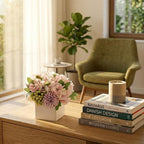 TKAS Fake Flowers Arrangement in Ceramic Vase, Artificial Faux Silk Hydrangea & Green Berries, Small Realistic Dried-Style Floral Centerpiece for Dining Table, Wedding Party Home Decoration (Purple) - Image 3