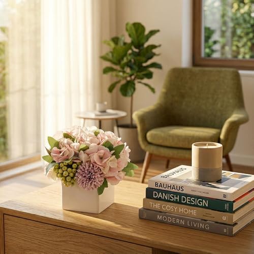 TKAS Fake Flowers Arrangement in Ceramic Vase, Artificial Faux Silk Hydrangea & Green Berries, Small Realistic Dried-Style Floral Centerpiece for Dining Table, Wedding Party Home Decoration (Purple) - Image 3