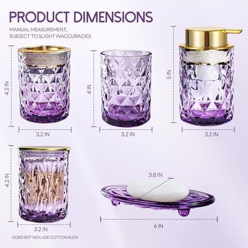 5 Piece Glass Bathroom Accessories Set, Purple & Gold Vanity Countertop Set - Image 2