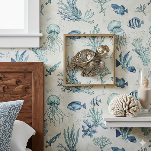 Newinhome Animal Heads Wall Decor (Includes Metal Frame) Resin sea turtle Sculptures Wall Hanging Decoration Gold vintage Wall Sculpture for Living Room Bedroom Office(Turtle) - Image 6