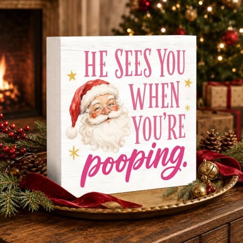 Christmas Bathroom Decor He Sees You When You're Pooping Funny Santa Sign - Image 3