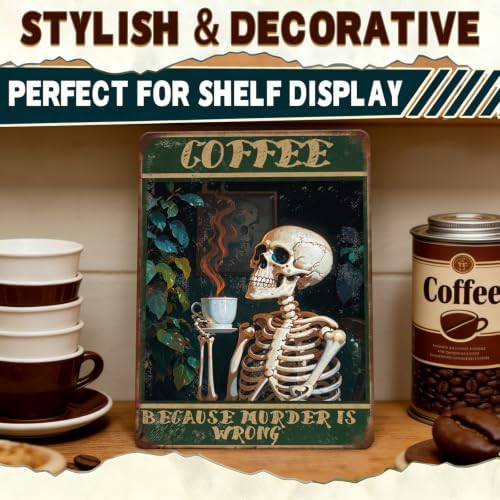 Vintage Coffee Skull Metal Tin Sign Funny Gothic Coffee Bar Wall Decor Retro Skeleton Kitchen Sign for Coffee Nook Cafe Home Restaurant Office Spooky Decor 12x16 Inch - Image 5