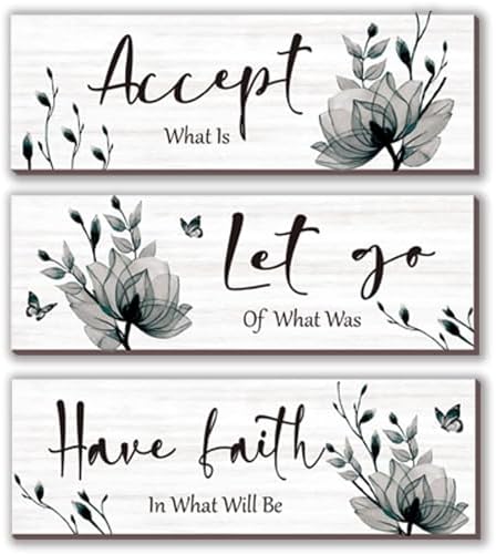 3 Pcs Black And White Bathroom Decor Rustic Flower Black Wall Art Accept Let Go Have Faith Farmhouse Bedroom Wall Decor Wooden Inspirational Quotes Grey Decoration for Living Room(Black,12 x 4 Inches) by ONIZHITY