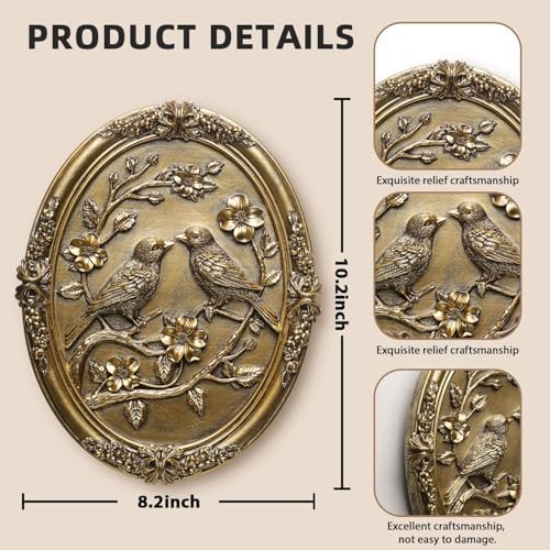Vintage Bird Wall Sculpture,Antique Wall Decor,Retro Art Birds Sculpture,Hand Painted Wall Decoration with Embossed Couple Birds Design,Vintage Wall Decor for Living Room Bedroom Dining Room Hallway, Housewarming Gifts - Image 3