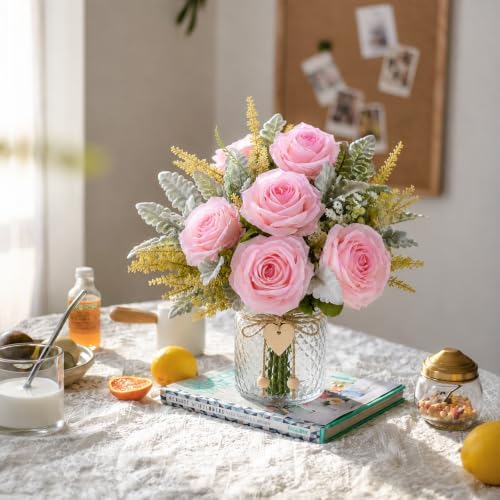 Faux Flowers in Vase Pink Roses Floral Arrangements for Home Decor - Image 6