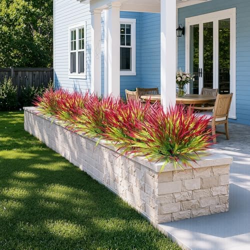 Uieke 28 Bundles Artificial Outdoor Plants UV Resistant Fake Grass Plants Faux Plastic Plants Greenery Shrubs for Home Garden Pathway Window Box Front Porch Summer Fall Decor, Deep Red - Image 2