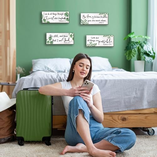 4 Pieces Green Bathroom Decor Christian Wall Decor Motivational Religious Prayer Sign with Eucalyptus Tropical Leaves for Home Living Room Office Bedroom Bathroom(Green, 10x4 In) - Image 3