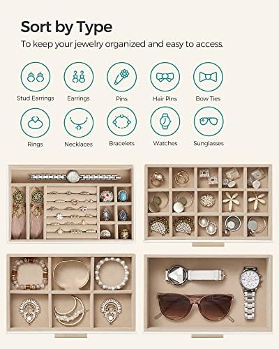 SONGMICS Jewelry Box Organizer, 4-Layer Storage with 3 Drawers, Glass Lid - Image 3