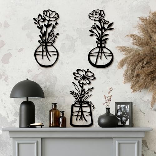 ARTINME 3 Pieces Metal Flowers Wall Arts - Rustic Farmhouse Decor Minimalist Flower Wall Decors for Living Room Bathroom Kitchen Bedroom Dining Room - Housewarming Gifts (Black) - Image 5