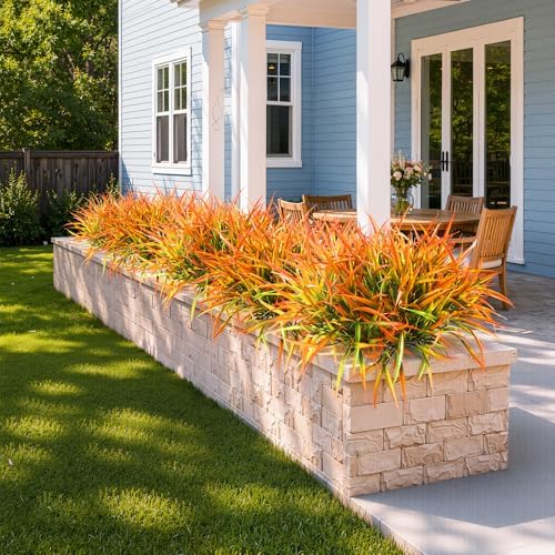 Uieke 28 Bundles Artificial Outdoor Plants UV Resistant Fake Grass Plants Faux Plastic Plants Greenery Shrubs for Home Garden Pathway Window Box Front Porch Cemetery Fall Decor, Autumn Orange - Image 2